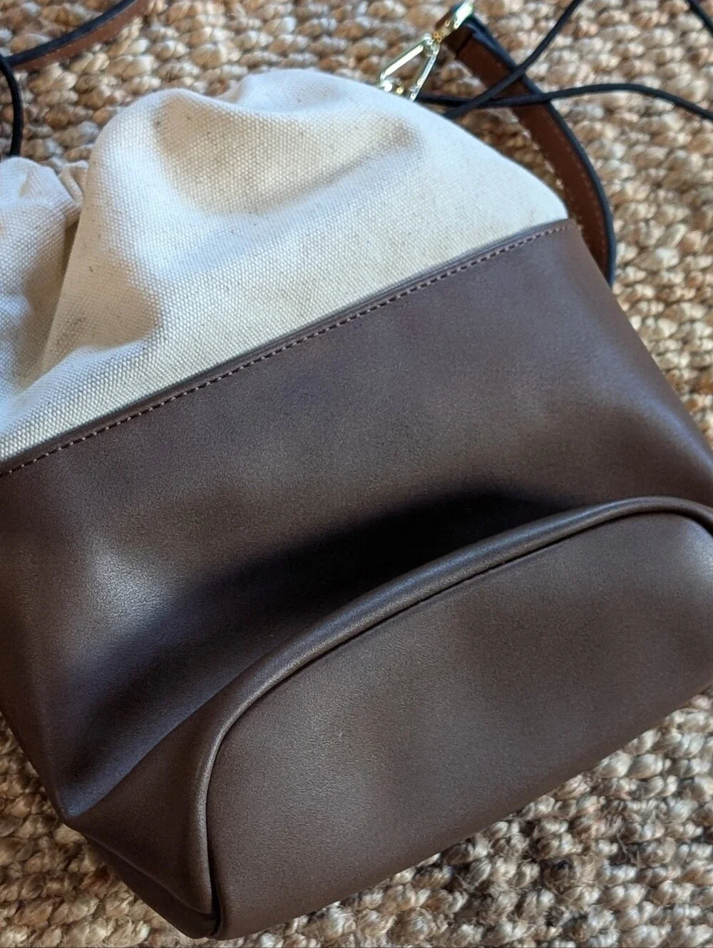 Calvin Klein Brown and Cream Canvas Drawstring Crossbody Bucket Bag Equestrian